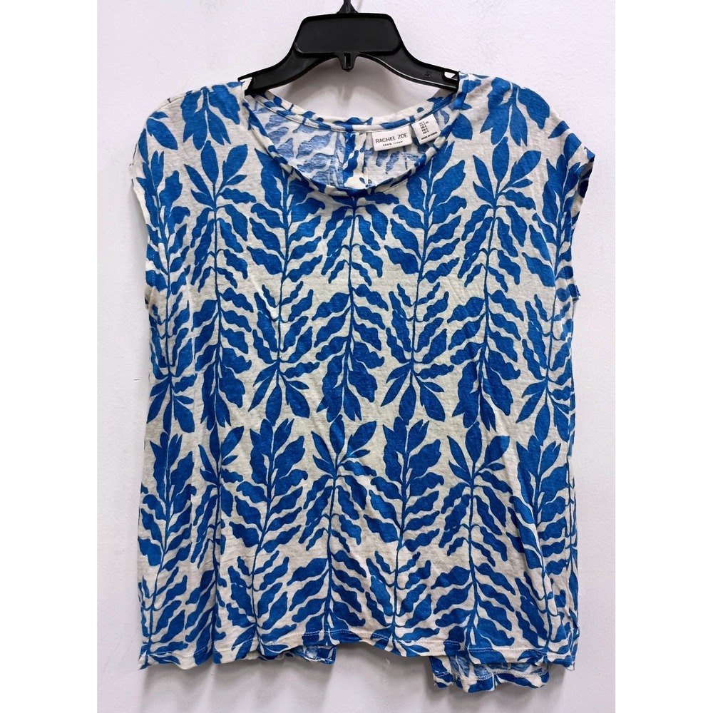 Rachel Zoe Linen Top Womens Large Blue White Palm Leaf Print Sleeveless Boho